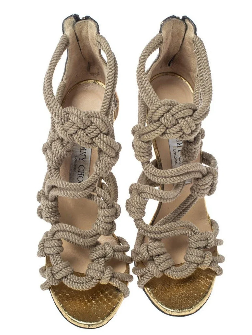 Jimmy Choo Kalmar Rope Knot Elaphe Snake Taupe Gold Gladiator Sandal Heel EU38 - Picture 5 of 9